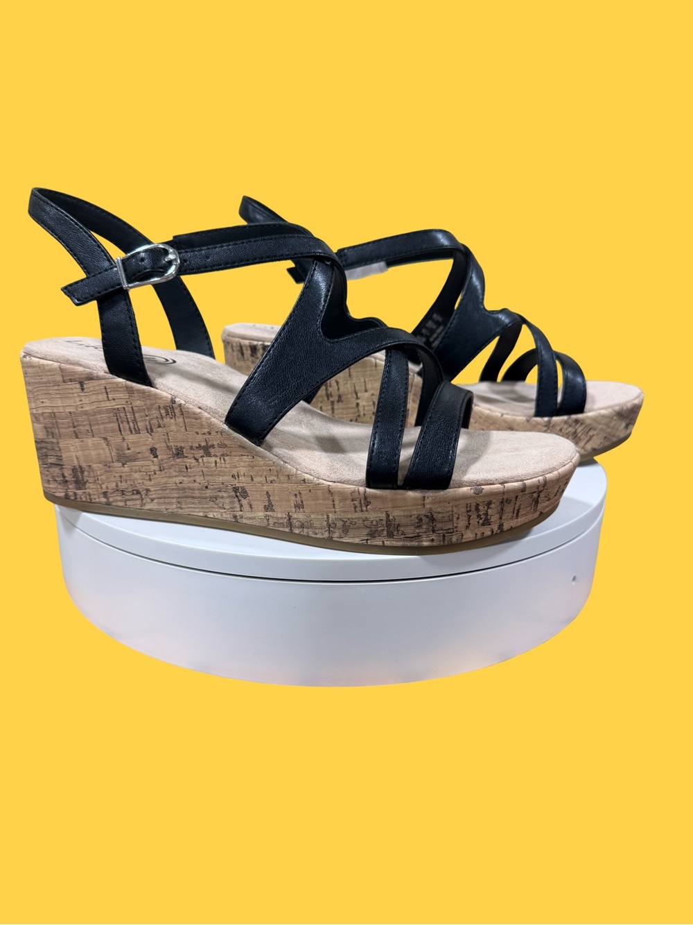 Life Stride Black Cork Wedge Strappy Sandals